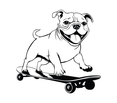 A cheerful dog joyfully rides a skateboard in this creative illustration. Perfect for conveying themes of fun, playfulness, and active lifestyle in a lighthearted manner.のイラスト素材