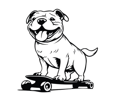 This black and white illustration features a cheerful dog joyfully skateboarding. The playful design captures the spirit of adventure and fun in a lighthearted manner.のイラスト素材
