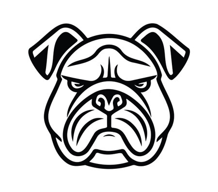 A striking black and white illustration of a bulldog's face with bold lines and a fierce expression. Perfect for various design projects or pet-related themes.のイラスト素材