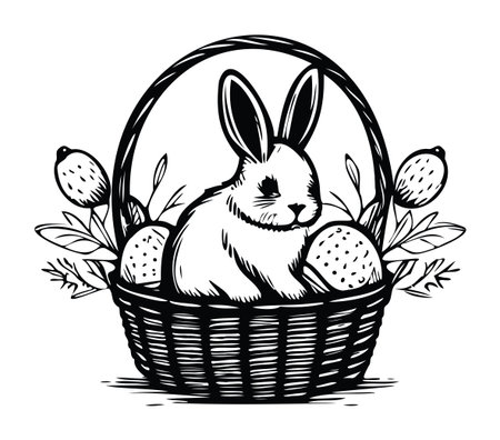 This charming illustration features a cute bunny sitting in a woven basket filled with eggs and floral elements, perfect for spring celebrations and Easter.のイラスト素材
