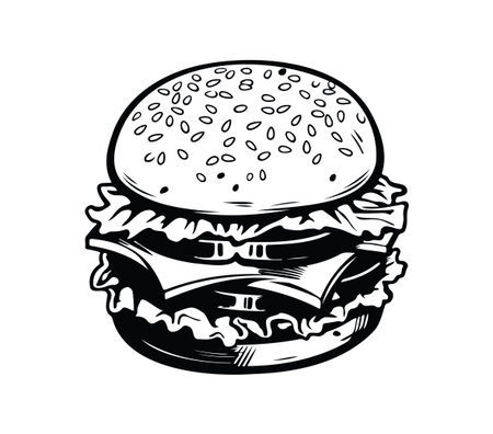 This vintage black and white sketch of a hamburger showcases the delicious layers of lettuce, cheese, and bread. Perfect for food-related projects.のイラスト素材