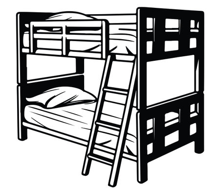 This black and white illustration depicts a stylish bunk bed with a ladder, perfect for children's rooms. Ideal for maximizing space and comfort.のイラスト素材