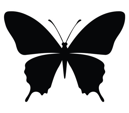 This elegant black silhouette of a butterfly showcases intricate wing shapes and designs on a white background, perfect for nature-themed projects and artistic designs.のイラスト素材