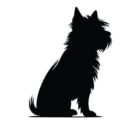 This minimalist illustration features the silhouette of a small dog with fluffy fur and pointy ears. Perfect for pet-related designs or as a decorative piece.のイラスト素材