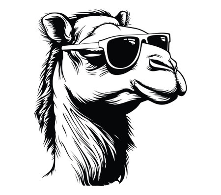 A stylish illustration of a camel wearing sunglasses, showcasing a blend of fun and modern design elements. Perfect for summer-themed projects and quirky art.のイラスト素材
