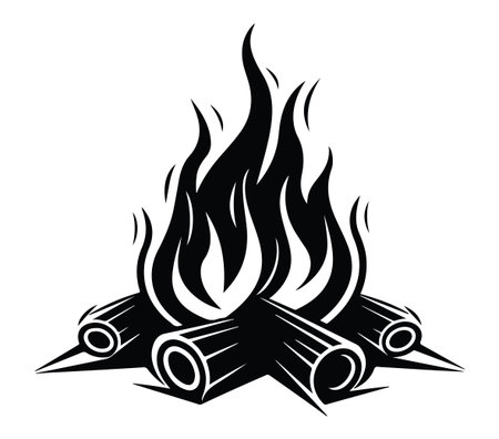 A striking black and white illustration of a campfire featuring dancing flames and stacked logs. Perfect for conveying warmth and outdoor adventure.のイラスト素材