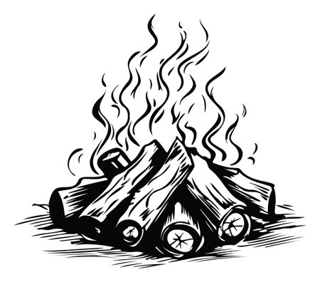 This hand-drawn illustration features a campfire with logs and rising flames. It captures the warmth and essence of outdoor adventures and gatherings.のイラスト素材