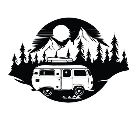 A stunning design featuring a vintage camper van set against a backdrop of majestic mountains and tall trees, symbolizing adventure and freedom in nature.のイラスト素材