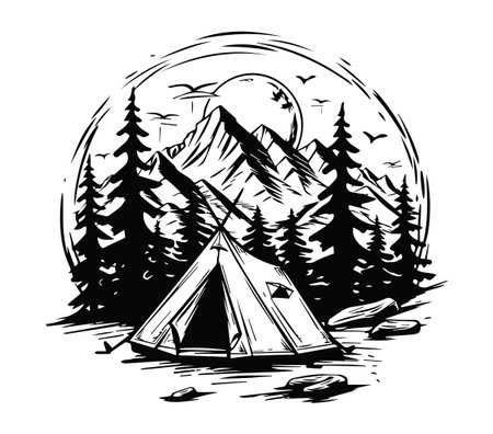 A captivating black and white illustration featuring a campsite with a tent set against majestic mountains and towering trees, embodying the essence of outdoor adventure.のイラスト素材