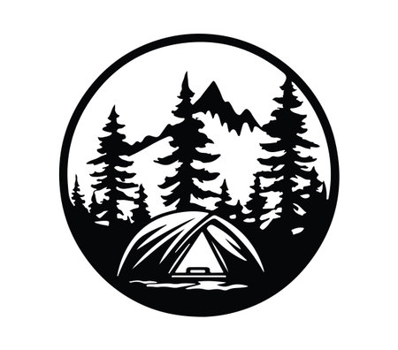 A captivating silhouette of a camping scene featuring a tent nestled among tall trees and mountains, perfect for outdoor and adventure themes.のイラスト素材