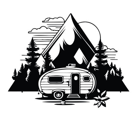 This black and white illustration features a vintage camper nestled among tall pine trees and majestic mountains, evoking a sense of adventure and outdoor relaxation.のイラスト素材