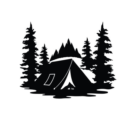 Artistic black silhouette of a camping tent set among tall pine trees and mountains. Perfect for outdoor adventure themes or nature illustrations.のイラスト素材