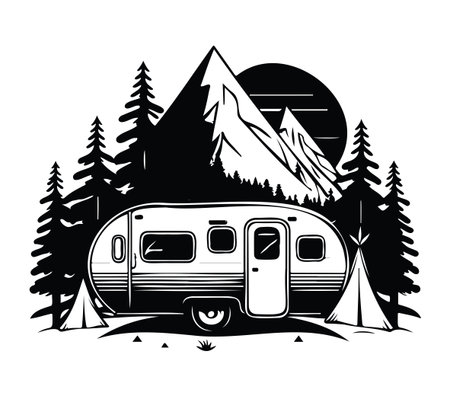 A charming vintage trailer nestled among tall pines and majestic mountains, showcasing a serene outdoor camping scene perfect for adventure lovers.のイラスト素材