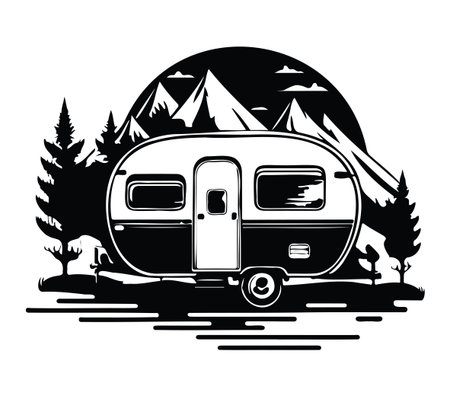 A stylish vintage trailer illustration set against majestic mountains and tall trees. Perfect for themes of adventure, camping, and outdoor exploration.のイラスト素材