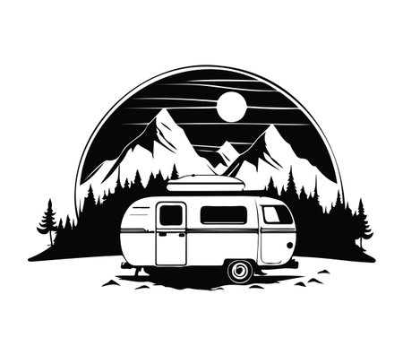 A stylish black and white illustration of a vintage camper trailer set against majestic mountains and a bright sun, perfect for travel enthusiasts and nature lovers.のイラスト素材