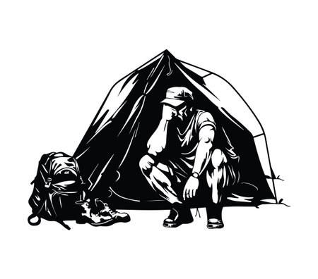 A silhouette illustration of a hiker sitting pensively outside a tent, surrounded by nature. The image captures the essence of solitude and reflection in the wilderness.のイラスト素材