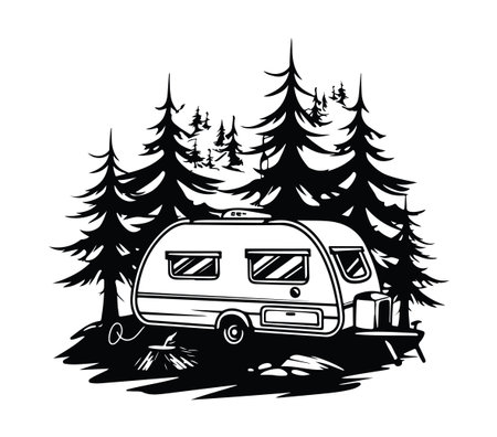 Explore the charm of a vintage camper trailer nestled among tall pine trees. This graphic illustration captures the essence of outdoor adventures and summer escapes.のイラスト素材