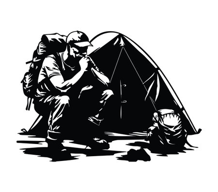 A man in a contemplative pose sits near his camping tent, reflecting on his outdoor adventure. Backpack and gear are visible, capturing a moment of solitude.のイラスト素材