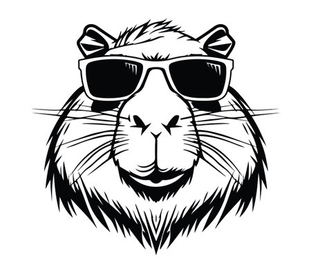 This striking black and white illustration features a cool guinea pig wearing stylish sunglasses. Perfect for animal lovers, this fun design captures a playful and quirky atmosphere.のイラスト素材