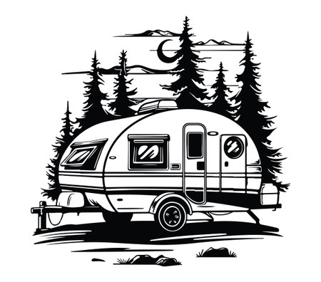 This vintage-style illustration depicts a camping trailer nestled in a tranquil nature setting. Perfect for travel enthusiasts and adventure lovers.のイラスト素材