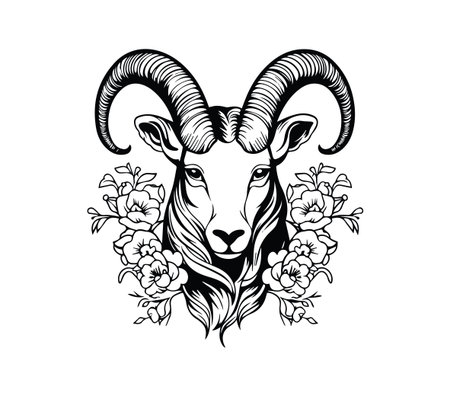 This striking black and white illustration features a goat's head surrounded by delicate flowers, showcasing artistry and nature in a unique design.のイラスト素材