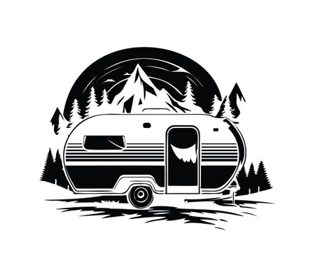 A vintage trailer set against a stunning mountain landscape, surrounded by tall pine trees. This graphic illustration captures the spirit of adventure and outdoor living.のイラスト素材