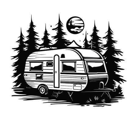 A vintage camper nestled among tall pine trees under a full moon, showcasing a serene camping scene perfect for adventure and exploration lovers.のイラスト素材