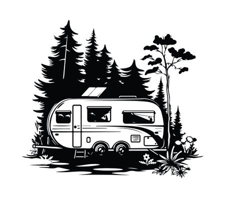 This illustration features a vintage travel trailer nestled among tall trees, capturing the essence of outdoor adventure and serene getaways in nature.のイラスト素材