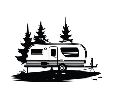 This illustration features a vintage trailer surrounded by pine trees, perfect for expressing adventure and outdoor experiences associated with camping and travel.のイラスト素材