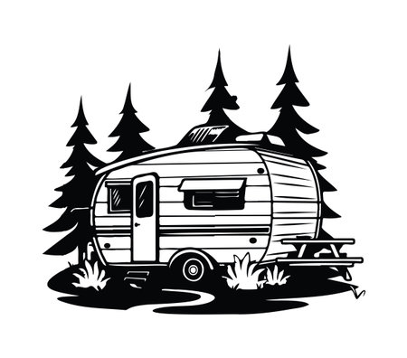 This artistic black and white illustration depicts a vintage camper trailer nestled among tall pine trees, ideal for nature lovers and travel enthusiasts.のイラスト素材