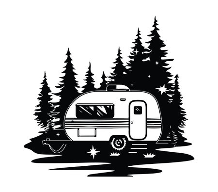 Explore the charm of a vintage travel trailer nestled among evergreen trees. This illustration captures the essence of outdoor adventures and memorable journeys.のイラスト素材