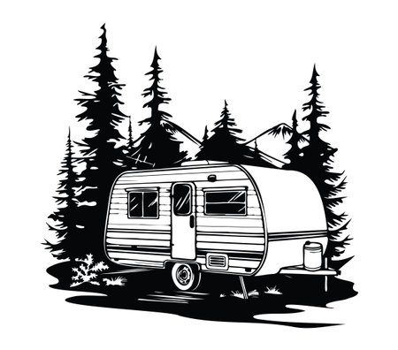 This vintage travel trailer illustration is surrounded by tall pine trees and majestic mountains, evoking a sense of adventure and relaxation in nature. Perfect for design projects.のイラスト素材