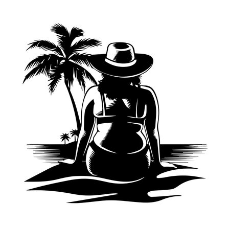 A serene silhouette of a woman sitting on the beach, gazing at the ocean under a palm tree. The minimalist black and white illustration evokes feelings of tranquility and relaxation.のイラスト素材