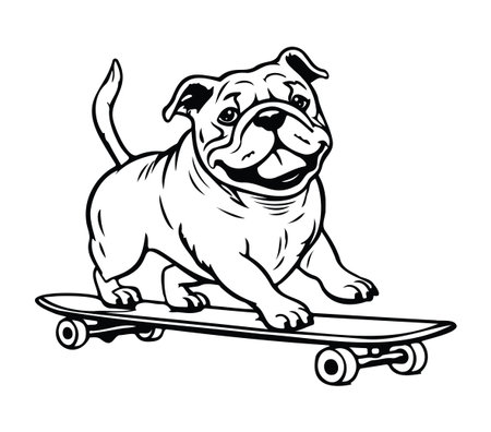 This illustration features a happy dog skillfully riding a skateboard. The playful scene captures the joy and energy of an adventurous pet, making it perfect for various creative projects.のイラスト素材