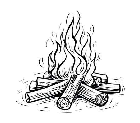 This hand-drawn illustration of a campfire features burning logs and lively flames, creating a cozy atmosphere perfect for outdoor gatherings and adventures.のイラスト素材
