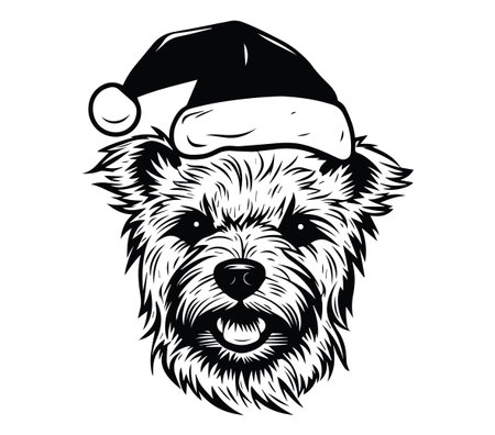 This charming illustration features a cute dog wearing a Santa hat, perfect for holiday-themed projects. Ideal for greeting cards, apparel, and festive decorations.のイラスト素材