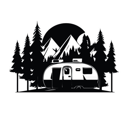 Stylish vintage trailer nestled among towering trees and majestic mountains, creating a peaceful outdoor escape. Ideal for camping and adventure themes.のイラスト素材