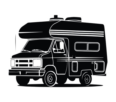 This black and white illustration features a classic camper van, capturing the spirit of adventure and outdoor exploration. Perfect for travel-themed projects.のイラスト素材