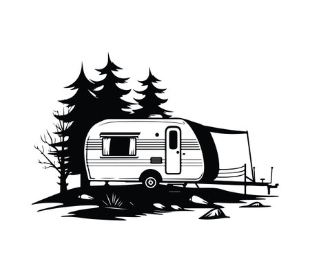 A vintage trailer sits peacefully among tall trees, embodying a nostalgic camping vibe. This black and white illustration captures a serene outdoor adventure scene.のイラスト素材