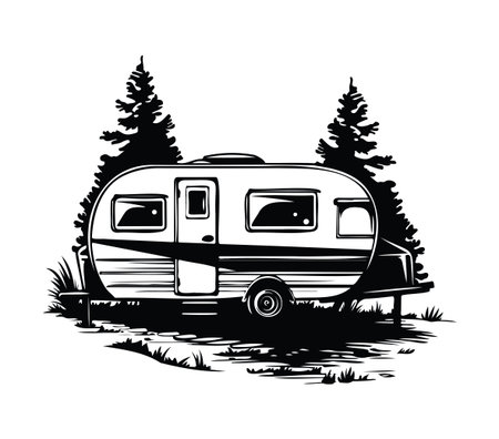 A vintage trailer stands peacefully among tall pine trees, embodying the spirit of outdoor adventure and nostalgia. Perfect for stories of journeys and escapes.のイラスト素材