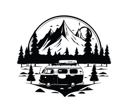 This black and white illustration features a vintage camper van set against majestic mountains and tall trees, evoking a spirit of adventure and exploration in nature.のイラスト素材