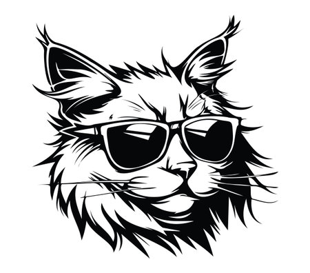 This stylish black and white illustration features a cool cat wearing sunglasses. Ideal for designs that need a trendy, playful animal theme to capture attention.のイラスト素材