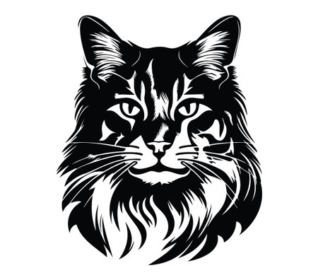 This artistic black and white cat head illustration features intricate fur details and expressive facial features, perfect for pet lovers and graphic design projects.のイラスト素材