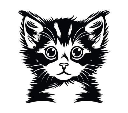 This striking black and white illustration features a cute cat face with big eyes, capturing the essence of feline charm and playfulness. Ideal for various designs.のイラスト素材