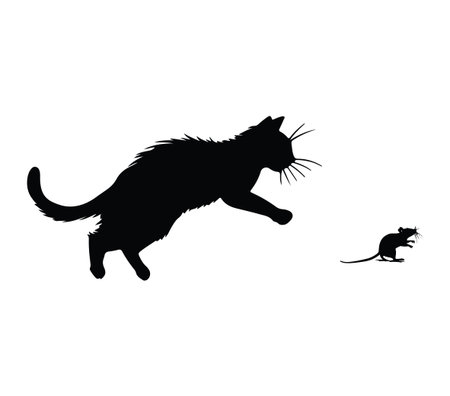 An artistic silhouette depicting a cat in mid-leap chasing a small mouse. This bold illustration captures the tension between predator and prey in a minimalist style.のイラスト素材