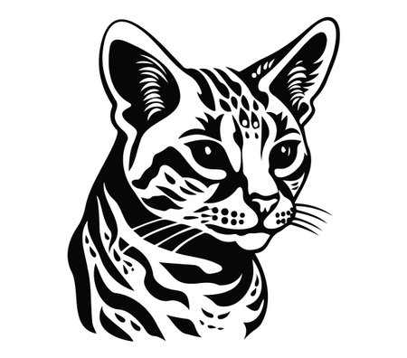 This striking black and white illustration features a stylish domestic cat, showcasing intricate patterns and elegant lines that highlight its unique character and charm.のイラスト素材