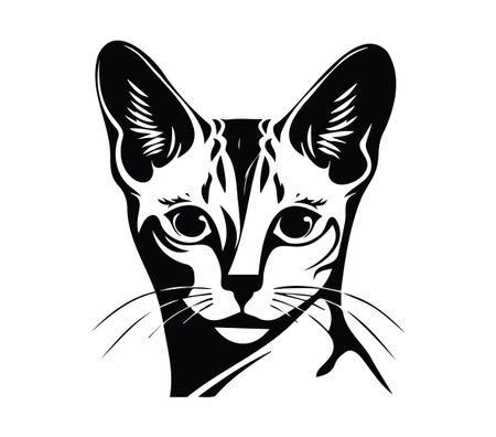 This artistic black and white illustration captures the detailed face of a cat, showcasing its expressive features and charming eyes, perfect for various creative projects.のイラスト素材