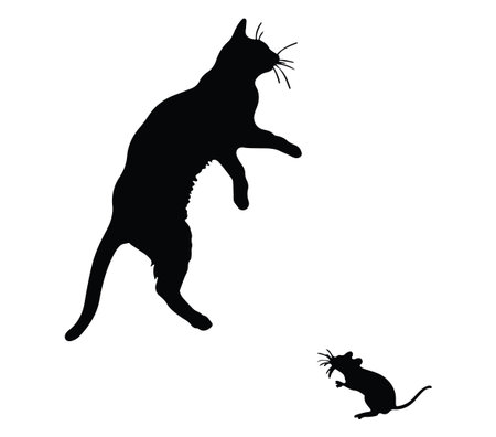 Dynamic silhouettes of a playful cat jumping and a mouse reacting, illustrating a classic predator and prey interaction in a fun and whimsical style.のイラスト素材