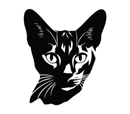 This striking black and white silhouette features a cat head, showcasing intricate details and expressive eyes. Perfect for creative projects and decor.のイラスト素材