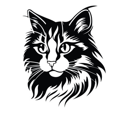 This elegant black silhouette showcases the head of a cat with intricate fluffy fur details and expressive eyes, offering a modern and stylish design for various uses.のイラスト素材